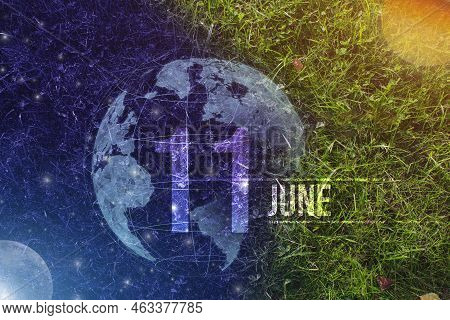 June 11st . Day 11 Of Month, Calendar Date. Day To Night Background Concept. Scene With Globe The Gr