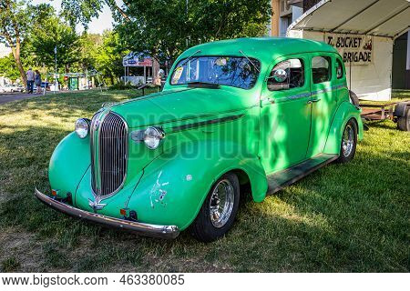 Falcon Heights, Mn - June 19, 2022: High Perspective Front Corner View Of A 1938 Plymouth P6 Deluxe 