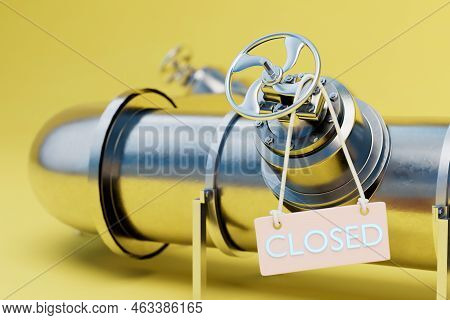 Gas Supply Is Blocked. The Gas Pipe With A Twisted Hinge And A Plate Is Closed On A Yellow Backgroun