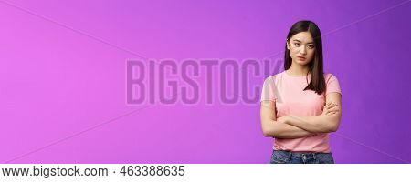 Bothered And Pissed Asian Woman Brunette, Cross Arms Chest Block, Feeling Offended Annoyed, Stare Di