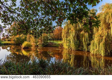 Beautiful Colorful Autumn Lake Surrounded By Autumn Follage. Autumn Background.