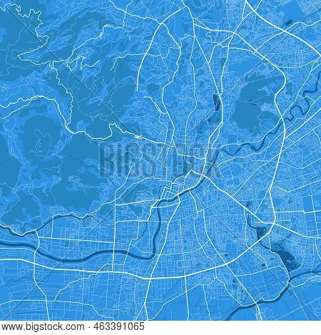 Detailed Map Poster Of Kumamoto City Administrative Area. Blue Skyline Panorama. Decorative Graphic 