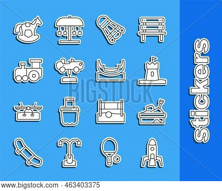 Set Line Rocket Ship, Sandbox With Sand, Tower, Badminton Shuttlecock, Swing Car, Toy Train, Horse S
