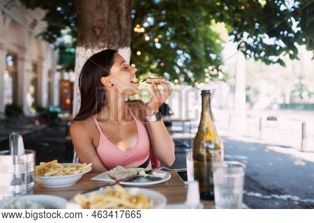 Close-up Woman Having Breakfast Cin Street Cafe Outdoors