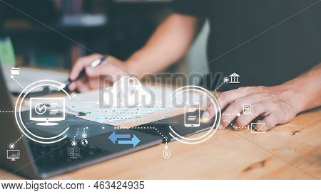 Businessmen Transfer Data From Smartphone To Laptop,exchange Data Files,with Internet Cloud Technolo