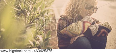 Cheerful Beautiful Lady Sit Down On The Road Asphalt And Enjoy Her Lonely Outdoor Time Thinking And 