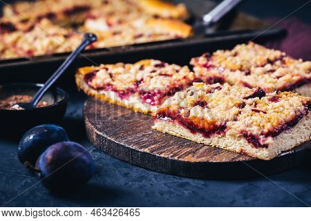 German Plum Cake (zwetschgenkuchen) With  Yeast Dough And Crumbles
