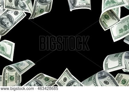 Hundred Dollar Bill. Falling Money Isolated On Black Background. American Cash.