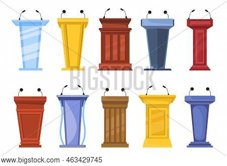 Different Debate Rostrums And Platforms Cartoon Vector Illustration Set. Collection Of Wooden Tribun