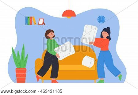 Two Female Friends Fighting With Pillows. Pillow Fight, Girls Having Fun And Spending Time Together 