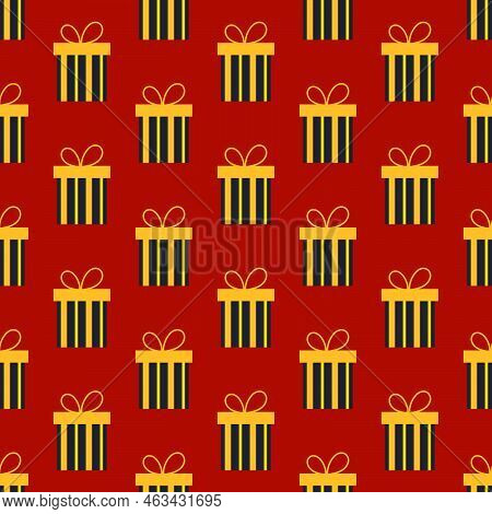 Gift Box Seamless Pattern. Striped Gift Box On Red Background. Black Gift Boxes For Black Friday Sal