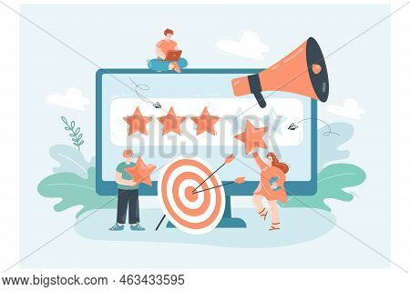Analysts Working On Brand Reputation In Social Media. Tiny People With Rating Stars Of Customers Exp