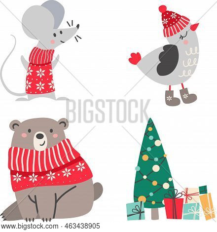 Vector Christmas Set. Cute Teddy Bear And Mouse In A Christmas Sweater. Birdie In Winter Hat And Val