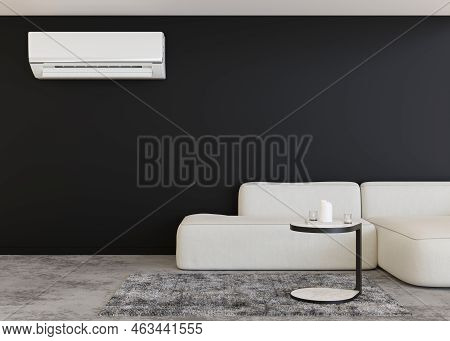 Modern Air Conditioner Hanging On The Wall In Room. Cooling Product For Hot Climate In Summer. Machi