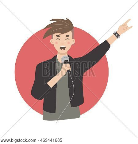 Vector Rock Singer With Microphone And Punk Hand Gesture. Rocker Man With Earrings And Armlet Singin