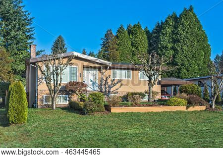Front Yard And Main Entrance Door Of Residential House In British Columbia