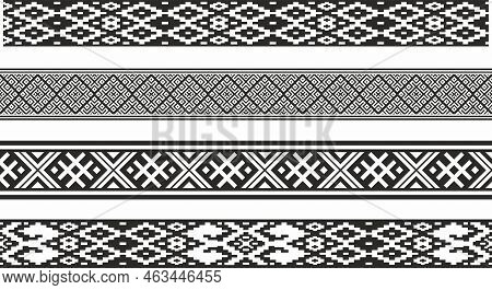 Vector Set Of Monochrome Seamless Belarusian National Ornament. Ethnic Endless Black Border, Slavic 