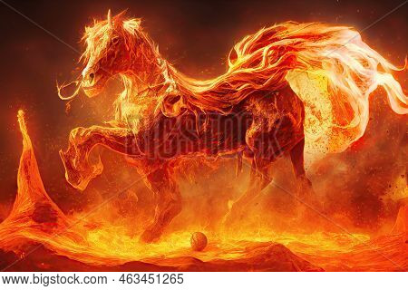 A Fantasy Fire Horse Stallion Running From Hell Through A Rocky Lava Landscape. 3d Illustration. A H