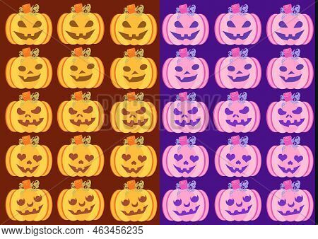 Halloween Multicolor Carved Pumpkins Jack O Lantern In Row Background . Cute Pink And Yellow Pumpkin