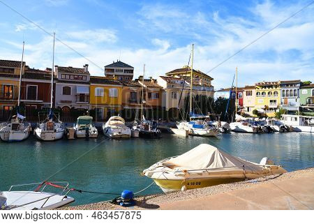 Jetty With Yacht. Yachts And Motor Boats In Marina Port Saplaya, Valencia. Yacht And Fishing Motorbo