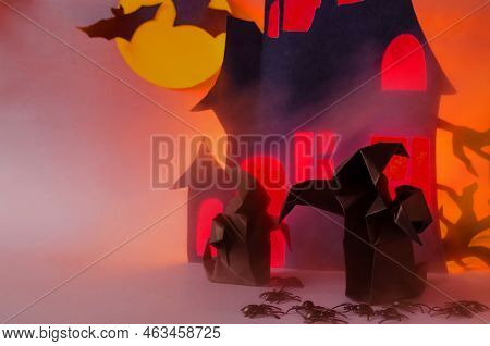 Abstract House Of Fear Background With Red Light And Dark Ghosts Place For Text
