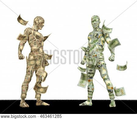 Us Dollar Vs Japanese Yen, Forex Trading, Currency Pairing, Human Characters Made Of Money, 3d Rende