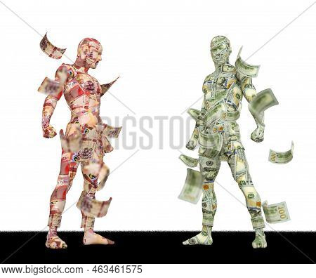 Us Dollar Vs Ghanaian Cedi, Forex Trading, Currency Pairing, Human Characters Made Of Money, Currenc