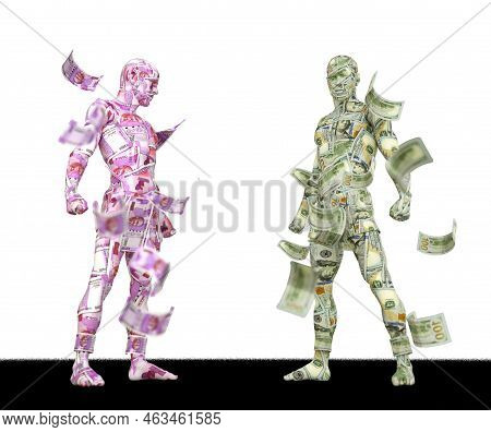 Us Dollar Vs Indian Rupee, Forex Trading, Currency Pairing, Human Characters Made Of Money, 3d Rende