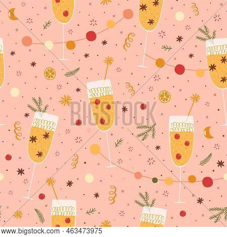 Champagne Flute Pink Christmas Pattern. Champagne Glasses. Happy New Year Party Celebration, Prosecc