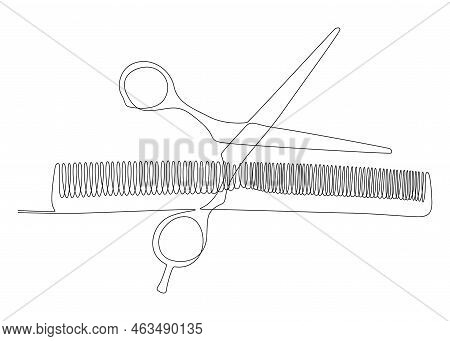 One Continuous Line Drawing Of Comb And Scissor. Thin Line Illustration Vector Concept. Contour Draw