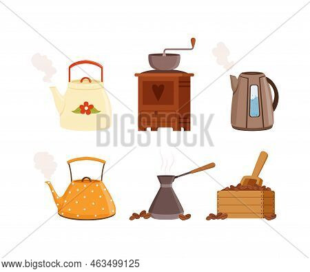 Brewing Aromatic Tea And Coffee Drink With Boiling Kettle, Teapot, Grinder And Jezve Vector Set