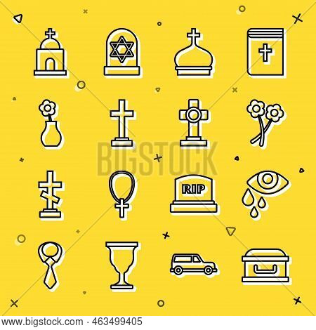 Set Line Coffin With Cross, Tear Cry Eye, Flower, Church Tower, Grave, Vase, Old Crypt And Icon. Vec