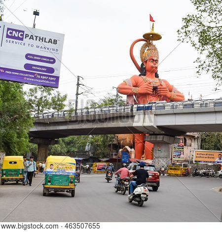 New Delhi, India - June 21, 2022 - Big Statue Of Lord Hanuman Near The Delhi Metro Bridge Situated N