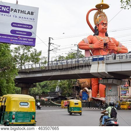 New Delhi, India - June 21, 2022 - Big Statue Of Lord Hanuman Near The Delhi Metro Bridge Situated N