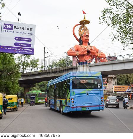 New Delhi, India - June 21, 2022 - Big Statue Of Lord Hanuman Near The Delhi Metro Bridge Situated N