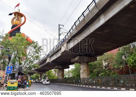 New Delhi, India - June 21, 2022 - Big Statue Of Lord Hanuman Near The Delhi Metro Bridge Situated N