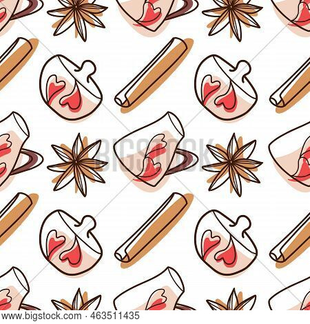 Contur And Spot Vector Seamless Pattern On The Cups And Teapot