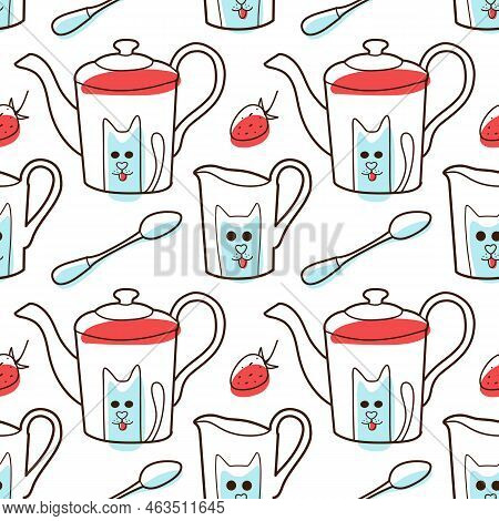 Contur And Spot Vector Seamless Pattern On The Cups And Teapot