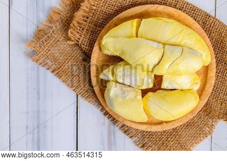 Top View Of Long Laplae Durian On  Wood Plate,it Is The Most Expensive And Most Delicious Of All Dur