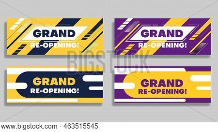 Set Of Grand Re-opening Banner Background With Flat Shapes In Yellow, Purple And Dark Blue Color