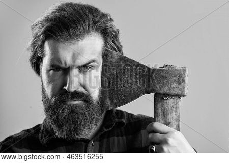 Perfect Beard. Logger Or Axeman Concept. Brutal Bearded Man Lumberjack In Checkered Shirt