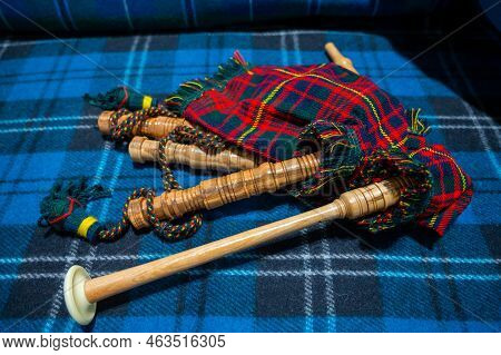 Symbols Of Scotland - Wollen Tartan Textile And Handmade Musical Instrument Bagpipes