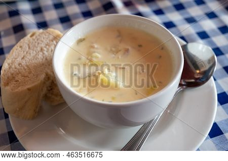 Traditional Scottish White Cream Soup, Cullen Skink Made With Smoked Paddock Fish, Scotland