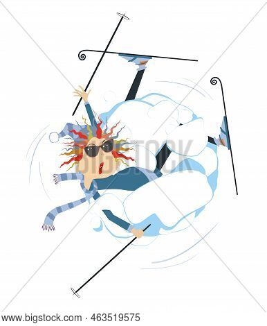 Illustration Of Cartoon Skier And A Big Snowdrift. 
A Falling Skier Woman Rolls Inside A Large Snowd