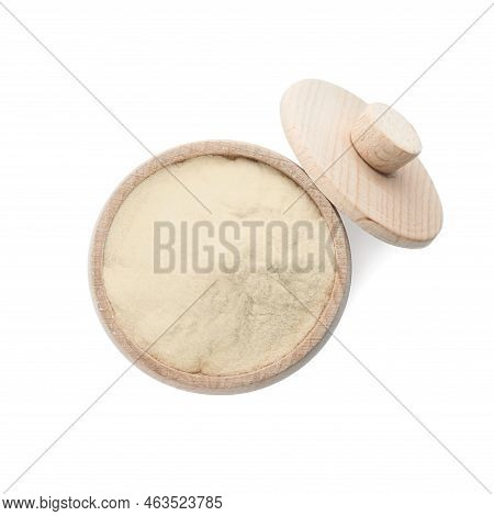 Wooden Bowl Of Agar-agar Powder Isolated On White, Top View