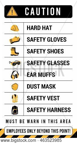 Costruction Site Safety Poster Vector Design. Ppe Icons. Prohibit Sign At Construction Site. Employe
