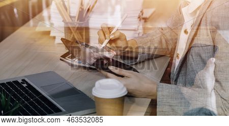 Businesswoman Hand Working With Laptop Computer, Tablet And Smart Phone In Modern Office With Virtua