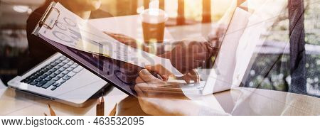 Businesswoman Hand Working With Laptop Computer, Tablet And Smart Phone In Modern Office With Virtua