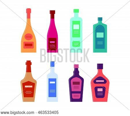 Set Bottles Of Champagne Wine Schnapps Gin Whiskey Vodka Liquor Cream. Icon Bottle With Cap And Labe