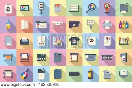Digital Printing Icons Set Flat Vector. Computer Printer. Paper Digital